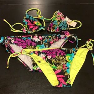 Raisins Neon Floral Triangle String Bikini NWT L